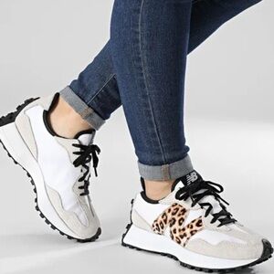 New Balance White and Black Women's Leopard Accent Sneakers